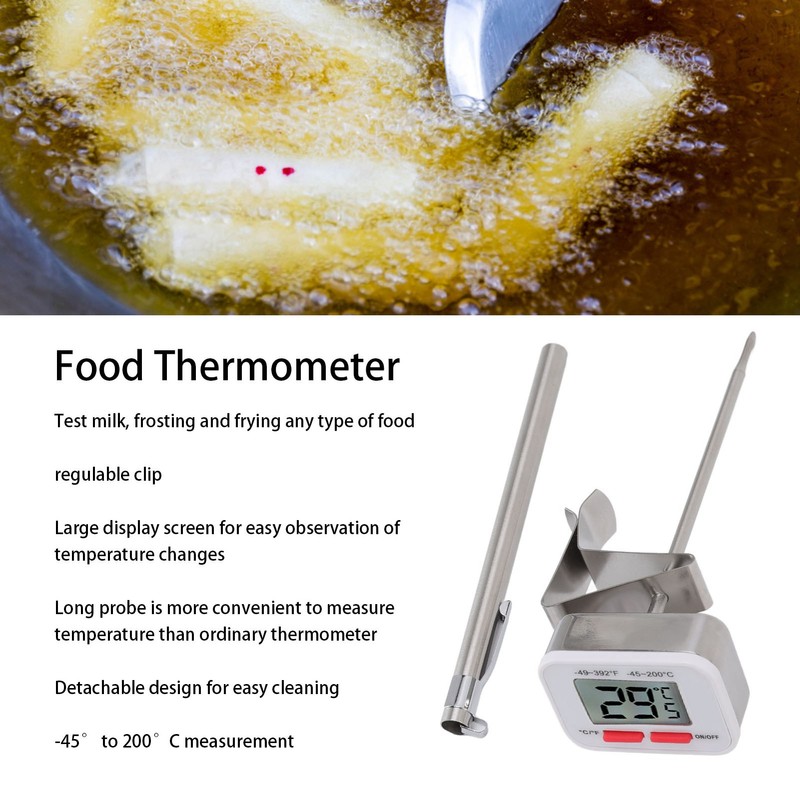 Food Thermometer Regulable Clip Large Display Screen Detachable Stainless Steel