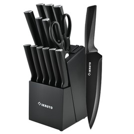 15-Piece Kitchen Knife Set with Block, Built-in Sharpener, Anti-Slip Handle, Non-Slip Base – Professional Chef Knife Set for Effortless Cooking（Black Gray）