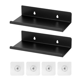 QWORK® Pack of 2 Wall Shelves, Black, Floating Shelves, 20 x 10 x 4 cm, Waterproof and Rust Resistant, for Office, Home, Bar, Garage