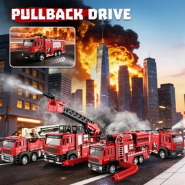 ADTHLIER 1:50 Aerial Fire Truck, Die-Cast Cab, Pull-Back with Lights & Sounds, One-Key Water Spray, Four-Joint Foldable Ladder, Multi-Angle Extendable Boom, Fire Rescue Toy for Kids Ages 3-9