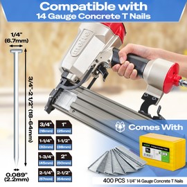 meite ST64E Concrete Nail Gun with 400PCS 14 GA 1-1/4 Inch T Nails, Heavy Duty Pneumatic Concrete T-Nailer Gun for Plywood/Decking/Furring, 100PCS Magazine, Accepts 3/4'' to 2-1/2''