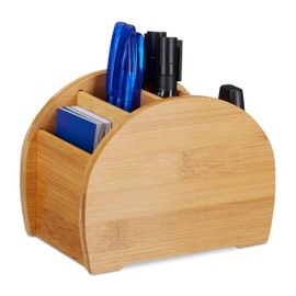 Relaxdays Bamboo Pen Holder 4 Compartments Natural Look Pen Box Desk Organiser for Office Utensils Natural Size Light Brown