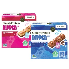 Simply Protein - Dipped Bars Variety Pack, 10 Count - Cookies and Crème (5) & Chocoberry (5) Flavors - Plant Based Snacks for Kids - 6g Protein, 3g Sugar, 100 Calories - Vegan & Gluten Free - 2 Boxes
