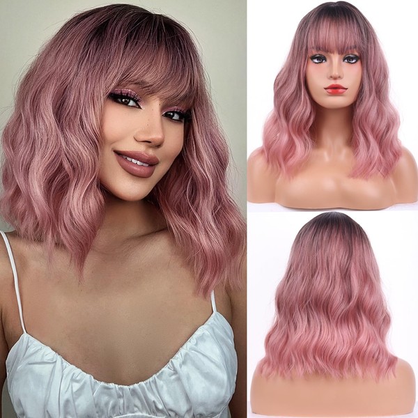BERON Ombre Pink Wigs Short Curly Bob Wig with Bangs