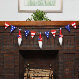 National Tree Company Patriotic Hanging Garland Decoration, Red, Decorated with American Flag Pennants and Red Gnomes, Fourth of July Collection, 72 Inches