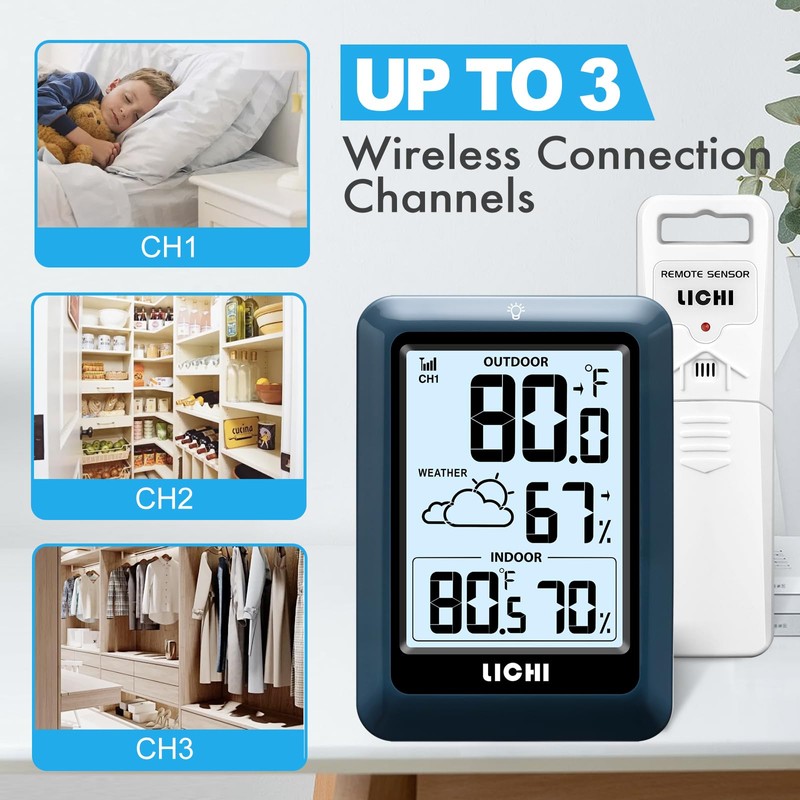 Indoor Outdoor Thermometer Wireless Weather Station, Internal External Thermometer Hygrometer,