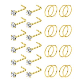 28PCS 22G Hypoallergenic Nose Rings Hoops Studs - 316L Stainless Steel Gold Nose Ring for Women Men - L Shaped CZ Nose Stud Hoop Nostril Piercings Jewelry Set 2.5mm CZ
