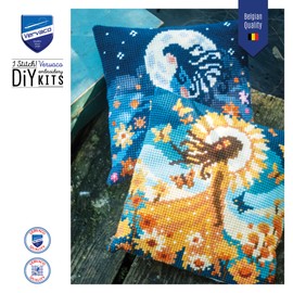 Vervaco Cross Stitch Embroidery Kits Cushion Embroidery Set Beginners Pre-Printed Girl with The Moon DIY Set Creative Set for Adults Decorative Cushion Approx. 40 x 40 cm Craft Set Home Decoration
