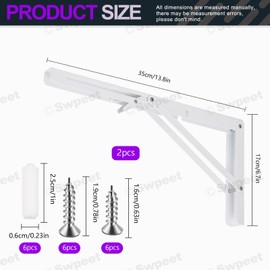 Swpeet 2 Pack 14" Folding Shelf Bracket, Heavy Duty DIY Wall Mounted Shelf Bracket Max Load 440 lb, Stainless Steel Decorative L Bracket Kit Contains 16/19MM Screw, Anchors for Table Work Bench, White
