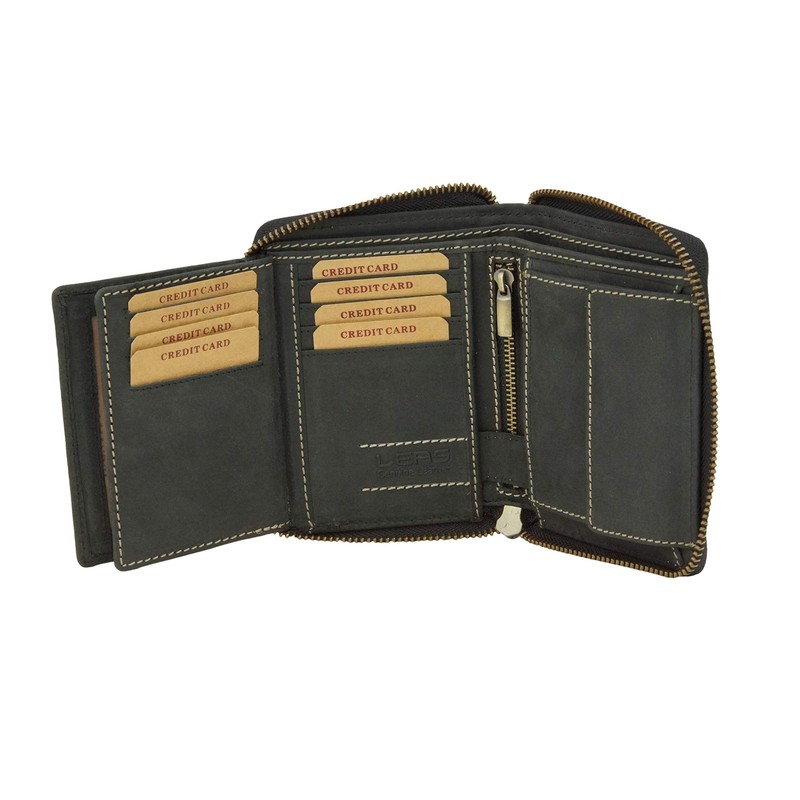 LEAS Vintage Style LEAS Zip Wallet in Genuine Leather, Black,