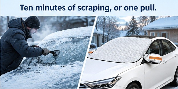 Scraping a frosted windshield versus a car protected by the snow cover