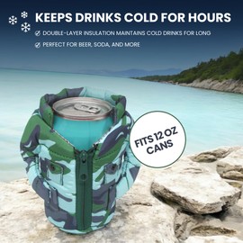 Gadgetime USA Can Cooler Vest - Insulated Beverage Cooler - Can Cover - Reusable Zip Up Can Jacket - Cute Sleeve for Canned Beverages & Beer - Funny Gift for Friends & Family - Army