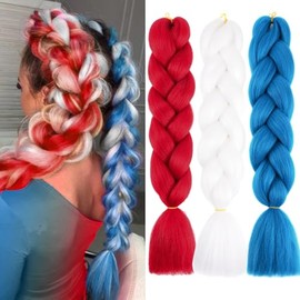 Jumbo Braiding Hair Extensions 24 Inch Colored Long Braids Hair Pre Stretched High Temperature Synthetic Fiber Twist Crochet Ombre Jumbo Braiding for Women Girls (Red White Blue)
