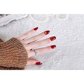 24pcs Handmade Nail Tips Nail Bride Golden Beads Circle Decoration Cute and Elegant Bride Nail Tips (Cherry)