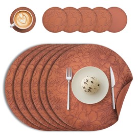 Washable Placemats and Coasters, Set of 6, Double-Sided Place Mats, Round Leather, Non-Slip Placemats, Waterproof, Faux Leather Place Mat, Leather Look (Brown)