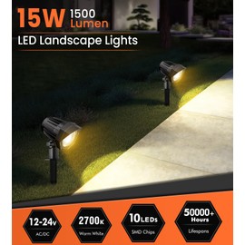 MEIKEE 15W 1500LM Low Voltage Landscape Lighting 12-24V Warm White LED Landscape Lights IP66 Waterproof Outdoor Garden Spotlights Pathway Tree Wall Fence Flood Lighting(10 Pack)