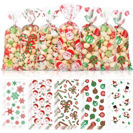 Pasimy 100 Pieces Christmas Cellophane Treat Bags with Ties Clear Plastic Gift Bag Bulk Xmas Cello Goodie Bags Santa Claus Snowman Snowflake Wrapping Bags For Christmas Holiday Party Favor Supplies