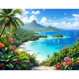 Tropical Beach and Turquoise Water, Palm Trees and Sailboats Poster 18 x 24 in