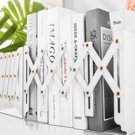 2PCS Non Skid Book Ends to Hold Books, Carooyac Heavy Duty Bookends Adjustable Book End, Metal Bookends for Shelves, White Book Holders for Bookshelf Desk - Extends up to 19"