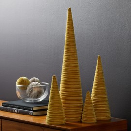 Gold Velvet Cones Set of 4, Mantel decor, Holiday Entryway, Wedding Centerpiece, Metallic Accent, Christmas Tablescape, Tree Figurines (Gold)