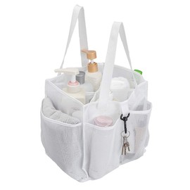 ALYER Mesh Shower Caddy Basket,Large Shower Bag Tote,Hanging Bath Toiletry Organizer with 1 Big Separated Inner Compartment and 6 Deep Outer Pockets (White)