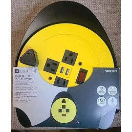 Utilitech NEW Extension Cord Reel 20' Cord Hand Wind Retractable 3 Outlets 2 USB Utilitech