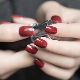 Bomine Red Press on Nails Short Square Fake Nails Glossy Red False Nails Acrylic Full Cover Stick on Nails Art Sharp Faux Nails Small Length Tips Nails Wedding Party for Women and Girls 24Pcs (Red-1)