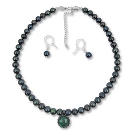 Real pearl and gemstone necklace and earrings jewelry set bridal freshwater pearl gift for her event jewelry accessories uniquelan jewelry (emerald)