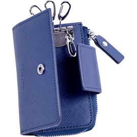 Dom Teporna Smart Key Case for Men and Women with Coin Pocket, Leather Wallet with Saffiano Leather Key Ring Smart Wallet, navy