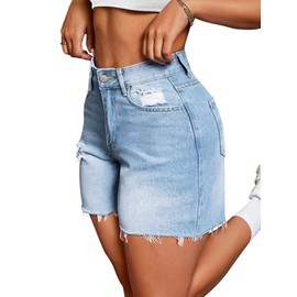 IWD Jean Shorts Womens High Waisted Ripped Casual Denim Shorts Stretchy Raw Hem Jorts 2025 Summer Trendy (Light Blue, Small)