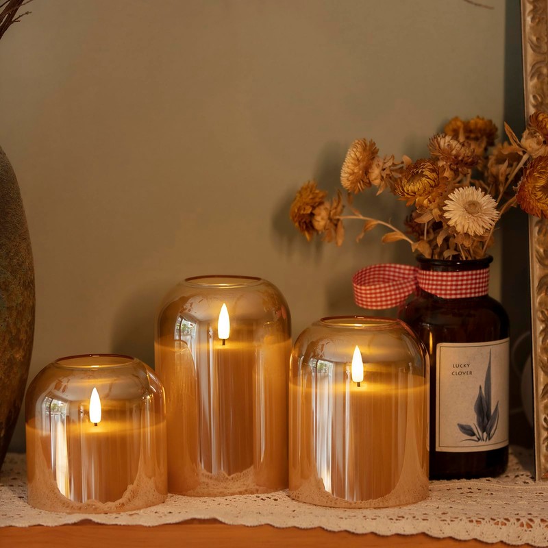 volnyus Gold Glass Flameless Candles with Remote Battery Operated Flickering