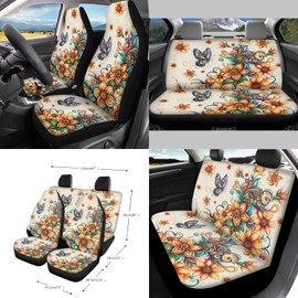 Drydeepin Butterfly Boho Floral Print Car Seat Covers 15Pcs Full Set Car Steering Wheel Cover Seat Belt Cover Trash Bin Air Vent Storage Box Rear View Mirror Car Cup Holder Keychain