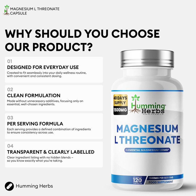 Humming Herbs Magnesium L-Threonate Supplement 1500mg per Serving | Provides