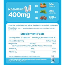 Suplemento de magnesio cuádruple, 400 mg de quelato de glicinato de magnesio, L-treonato, citrato y malato | Complejo de máxima absorción con vitamina D3 y B6, para el sueño, los músculos del