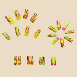 Spring Summer Press on Nails Medium Coffin Fake Nails Yellow Gradient Acrylic Glue on Nails with Stripe Design Coloful False Nails Glossy Full Cover Artificial Stick on Nails Kit for Women Girls 24Pcs