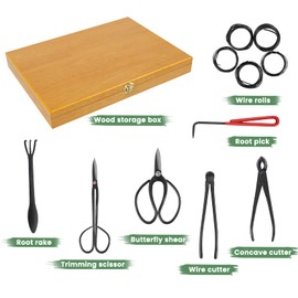Bonsai Tools Set with Wood Box 12PCS Heavy Duty Bonsai Tree Kit, Trimming Scissor Shears, Concave Cutter, Wire Rolls, Wire Cutter and More, Gardening Pruning & Care Kit