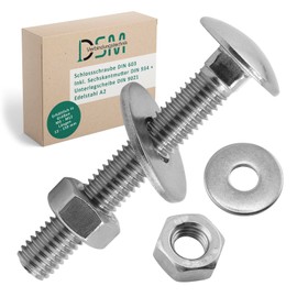 DSM - Carriage Bolts M10 x 100mm DIN 603 - Includes M10 Hex Nut DIN 934 & Washer DIN 9021 - A2/V2A Stainless Steel - Round Head Square Head Screws - Pack of 10