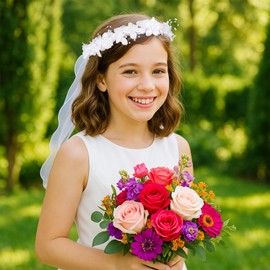 GEEHUA Flower Headband Veil, White Flower First Communion Veil Headpiece Bridal Crown Bow Wedding Veils with Pearls Hair Wreath Accessories for Women Girls