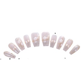 PN-020 Press-On Nails Lacquered Pack of 10 Reusable Artificial Nails Wedding Flowers Glitter Apricot Pink