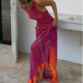 Womens Summer Halter Neck Knitted Dress Solid Color Crochet Backless Sleeveless Mini Dress Y2K 90s E-Girl Streetwear (Red Maxi Dress, One Size)