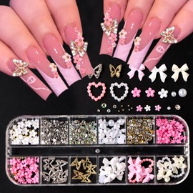 12 Grids 3D Nail Charms and Flatback Pearls Rhinestones Set White Pink Bow Flowers Heart Pearls Charms for Acrylic Nails Gold Silver Butterfly Nail Jewels Gem for Women DIY Manicure Decorations