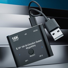 Tunghey DisplayPort Switch 2.0 - 2 in 1 Out Bi-Directional Splitter, 16K@60Hz 4K@120Hz Support for PC, Host, Monitor, Laptop