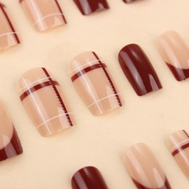 Dark Red Press on Nails Medium Square Fake Nails Plaid False Nails Press ons Full Cover Glossy Glue on Nail Stick on Nails for Women Manicure,Reusable | Artificial | Easy Apply | 24 Pcs