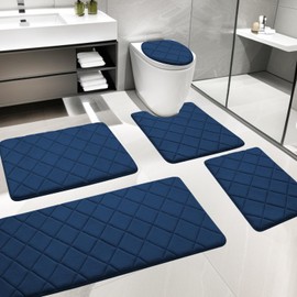 YIHOUSE Memory Foam Bath Mat, Navy Blue Bathroom Rug Set 5 Piece, Soft Non Slip Bathroom Mat Set, Water Absorbent Bath Rug Set for Toilet and Floor