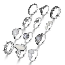 EILEIAC Retro Carved Heart-Shaped Stackable Opal Gemstone Dripping Rings Set for Women,Vintage Boho Gothic Punk Hollow Carved Turtle Cutout Crown Y2k Ring (A)