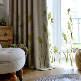 Melodieux Wheat Embroidery Linen Wide Curtains for Living Room Patio Door Large Window Grommet Drape Farmhouse Style, Beige/Green, 100 by 84 Inch (1 Panel)