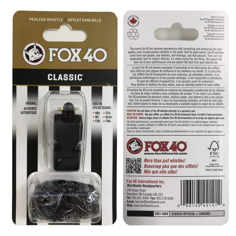 FOX40 Classic 115db Whistle (Black) Lanyard Included, Pealess Construction (No