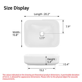 ELLAI Bathroom Vessel Sink Rectangle Above Counter Porcelain Ceramic Top Mount Rectanglar Countertop Sink for Bathroom 19.7"x15.2"x5.4" Glossy White