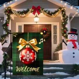 IVN Christmas Garden Flag Red Ornament With Snowflake Pattern Gold Ribbon And Welcome Text 12x18 Inch Double-Sided Outdoor Yard Flag Suitable For Porch And Yard