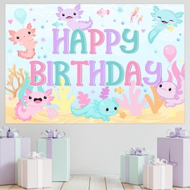 SHADOAMP Axolotl Birthday Decorations Girl, Macaron Axolotl Happy Birthday Backdrop Banner 5×3 ft Background Photography Decoration for Axolotl Themed Birthday Party Supplies